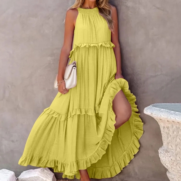 Ruffle Sleeveless Tie Back Tiered Summer Pocket Oversized High-Low Maxi Dress - Picture 10 of 13